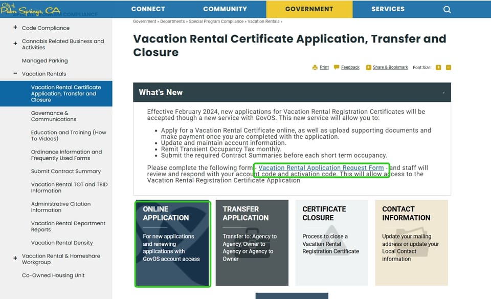 Palm Springs official application portal screenshot for workflow step 2