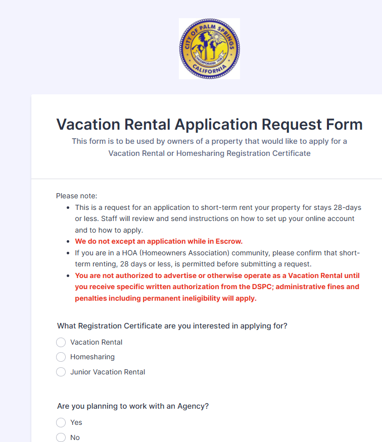 Palm Springs official application portal screenshot for workflow step 2