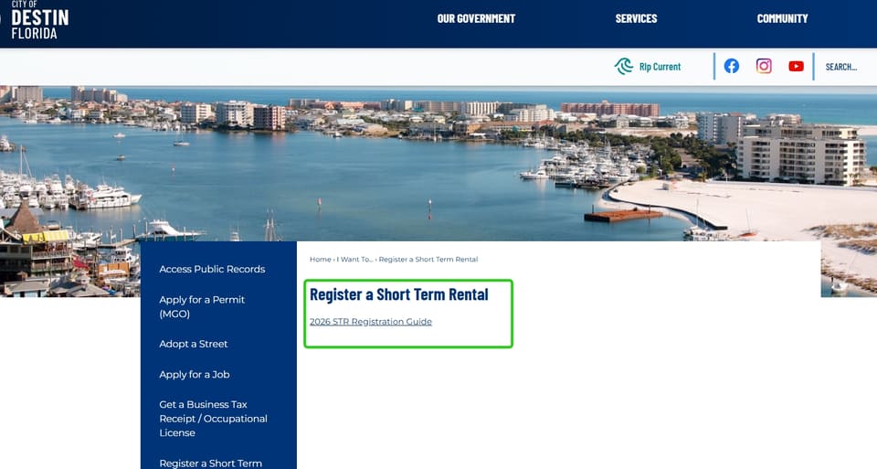 Destin official application portal screenshot for workflow step 1