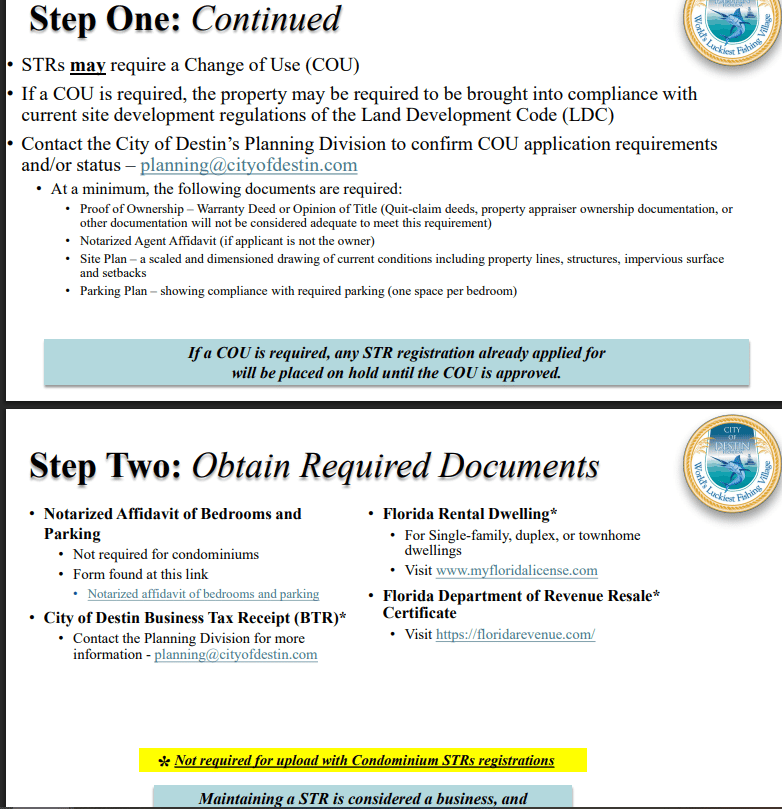 Destin official application portal screenshot for workflow step 1