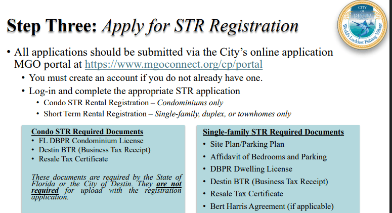 Destin official application portal screenshot for workflow step 3