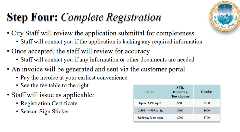Destin official application portal screenshot for workflow step 4