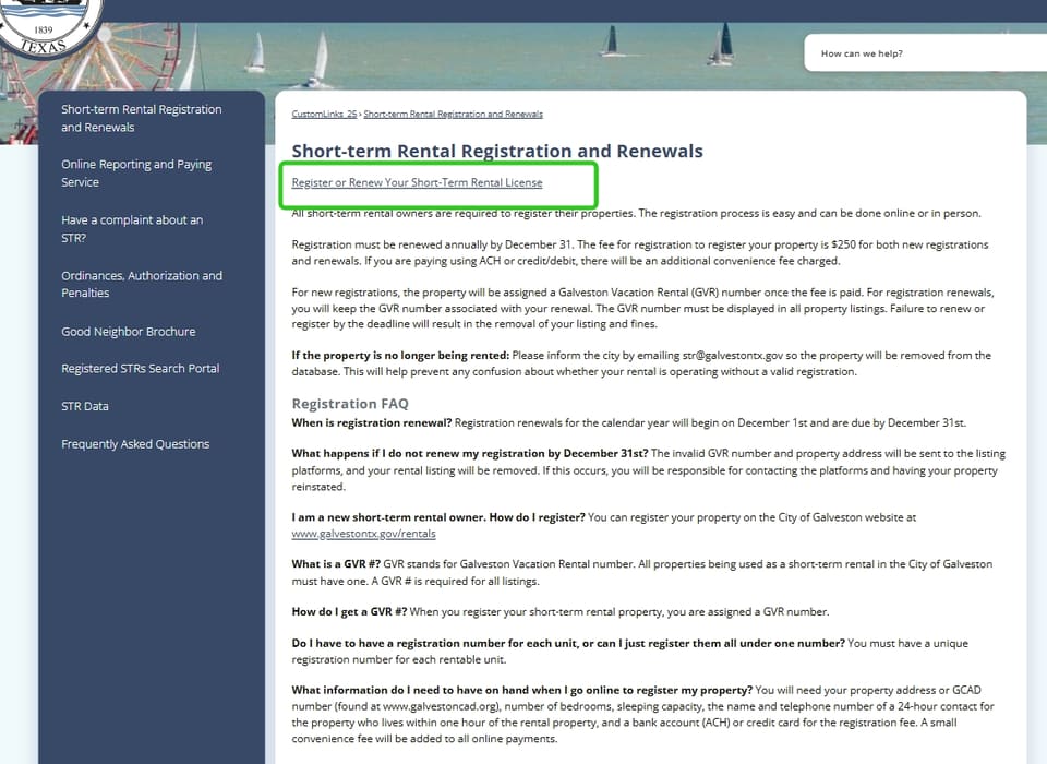 Galveston official application portal screenshot for workflow step 3