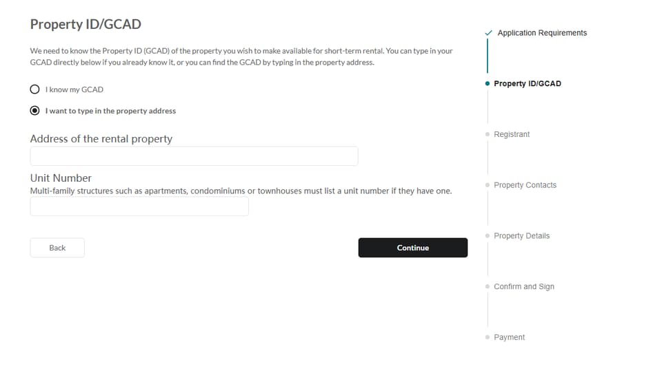 Galveston official application portal screenshot for workflow step 3