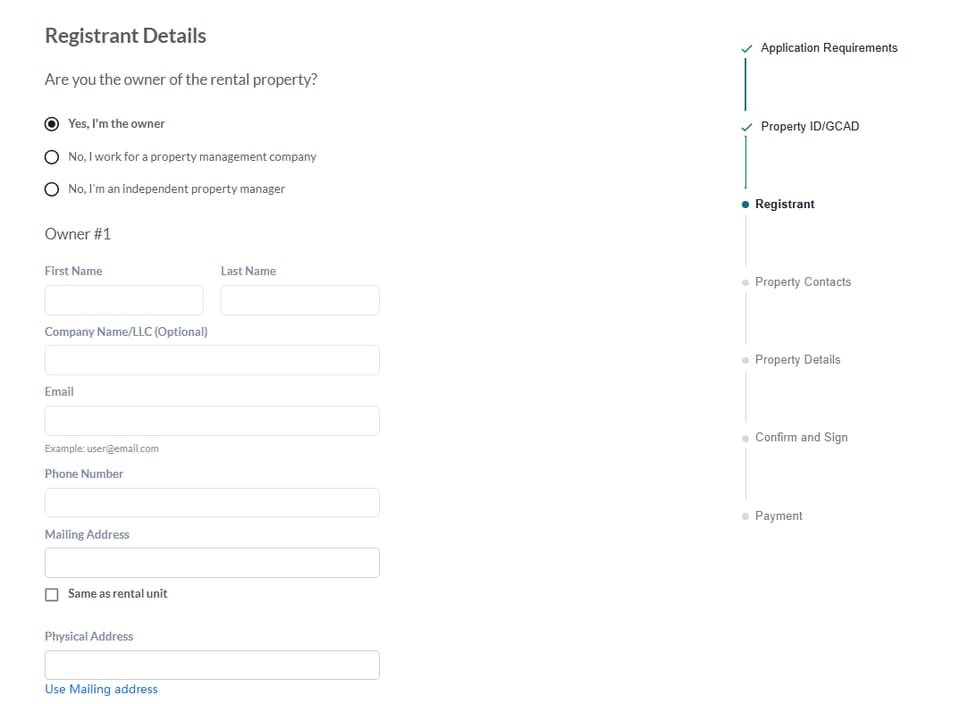 Galveston official application portal screenshot for workflow step 3