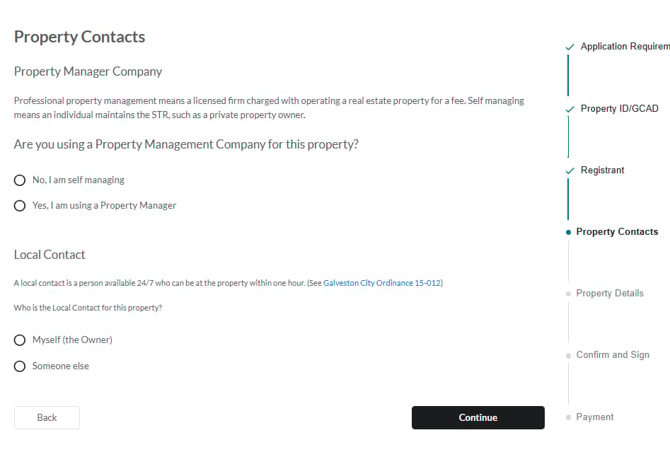 Galveston official application portal screenshot for workflow step 3