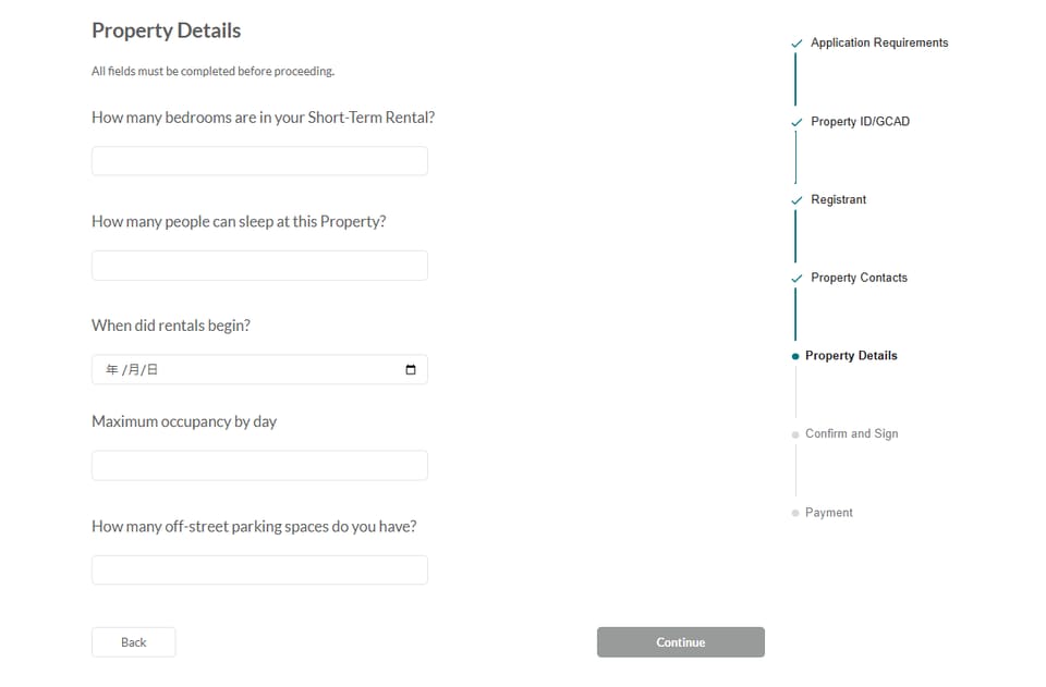 Galveston official application portal screenshot for workflow step 3
