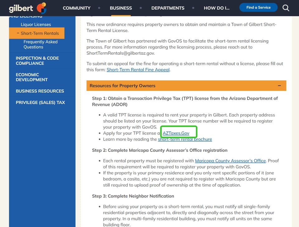 Gilbert official application portal screenshot for workflow step 1