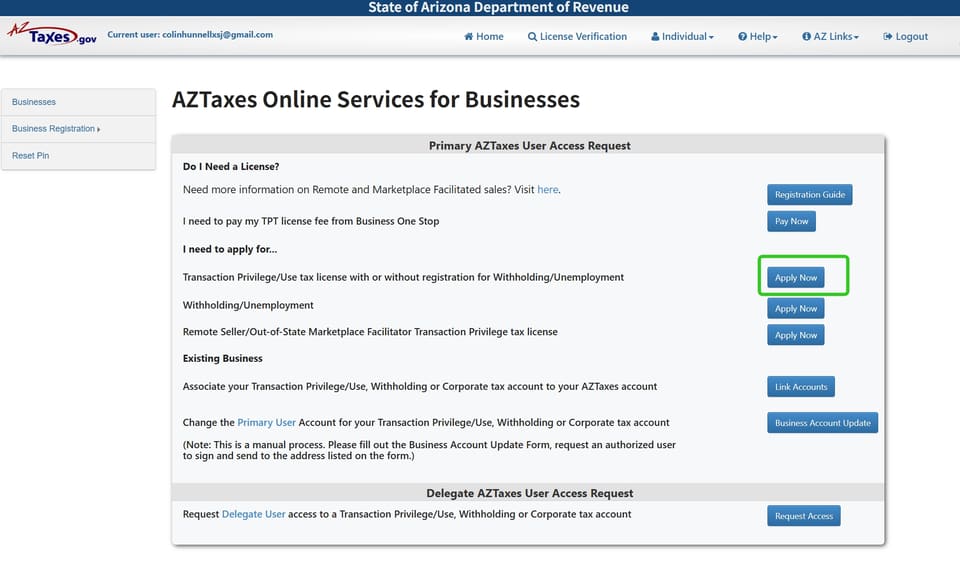 Gilbert official application portal screenshot for workflow step 1