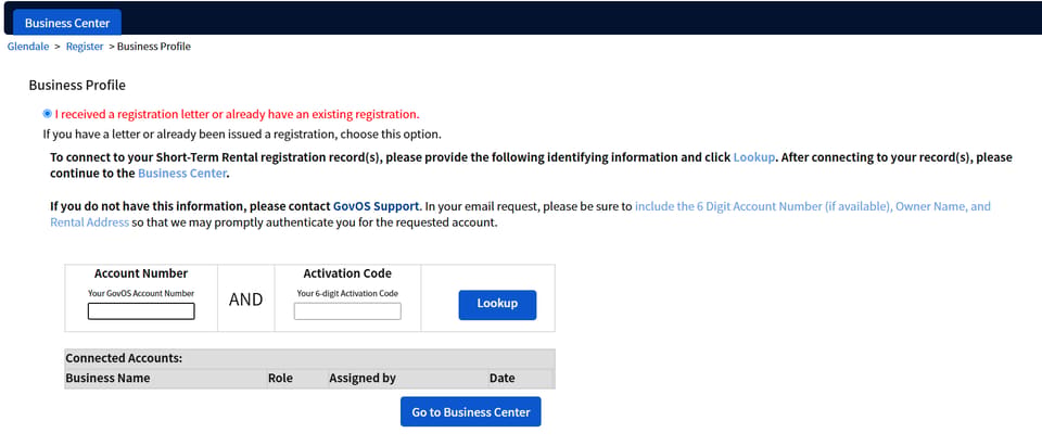 Glendale official application portal screenshot for workflow step 3