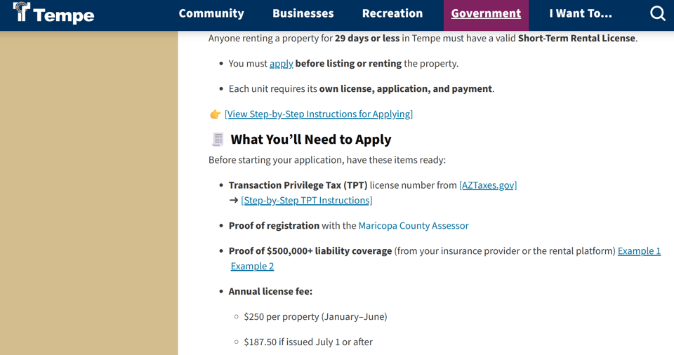 Tempe official application portal screenshot for workflow step 1
