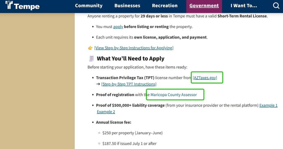 Tempe official application portal screenshot for workflow step 1