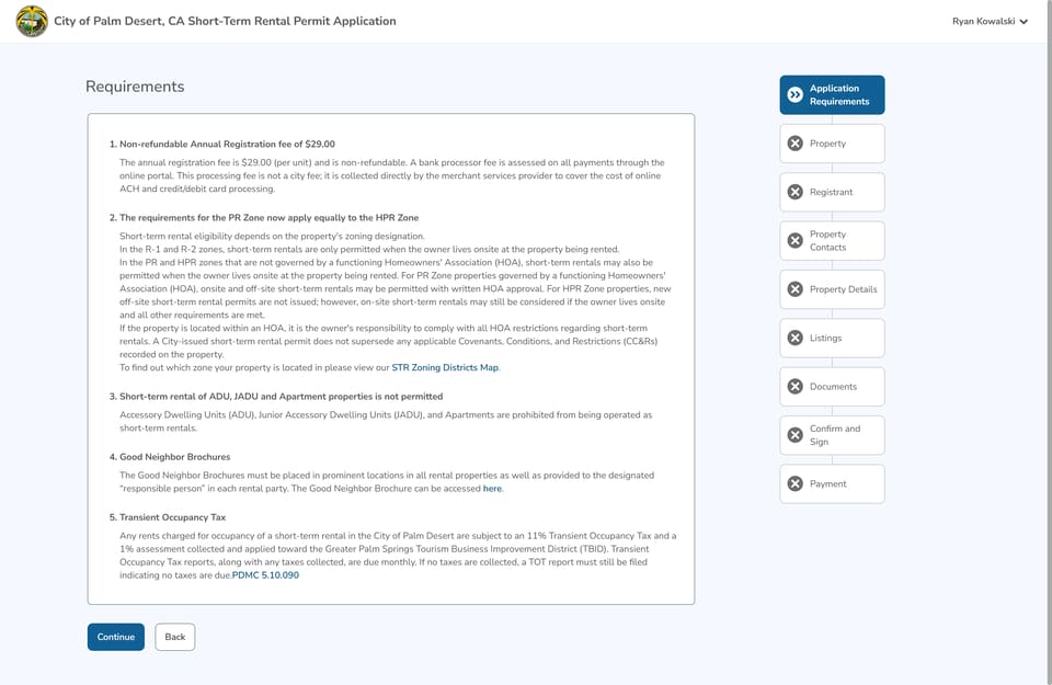 Palm Desert official application portal screenshot for workflow step 1
