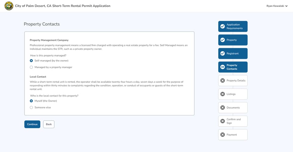 Palm Desert official application portal screenshot for workflow step 2