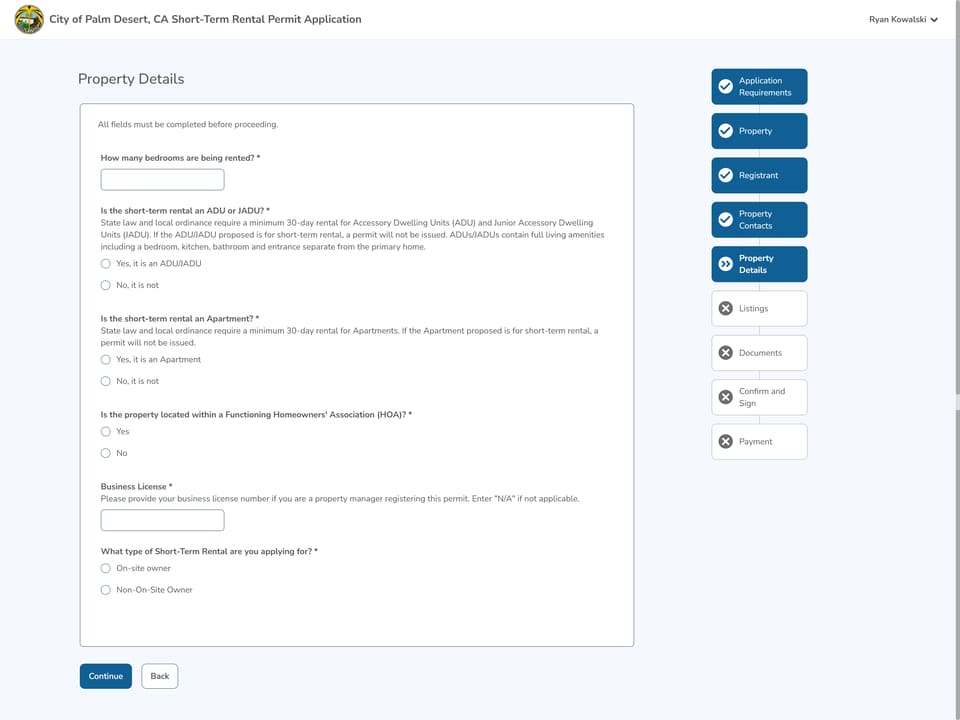 Palm Desert official application portal screenshot for workflow step 2