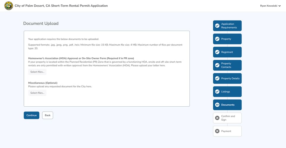 Palm Desert official application portal screenshot for workflow step 3