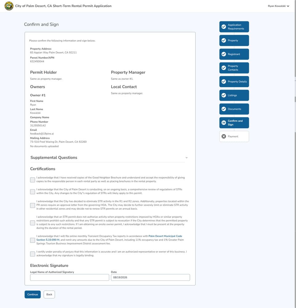 Palm Desert official application portal screenshot for workflow step 3