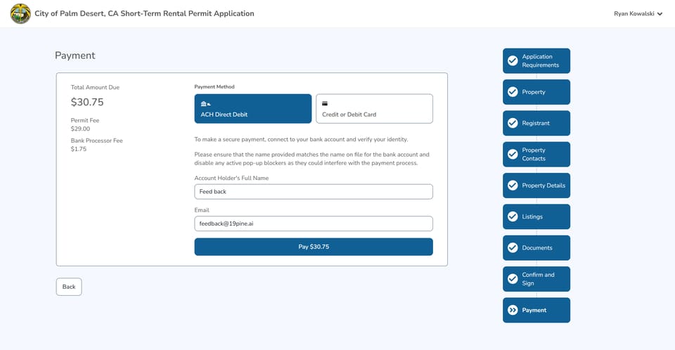 Palm Desert official application portal screenshot for workflow step 4