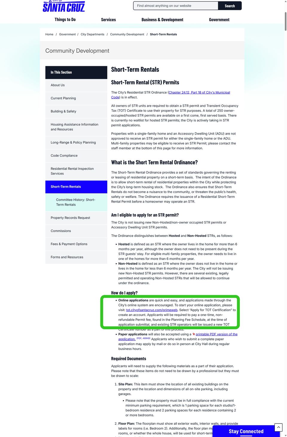 Santa Cruz official application portal screenshot for workflow step 1