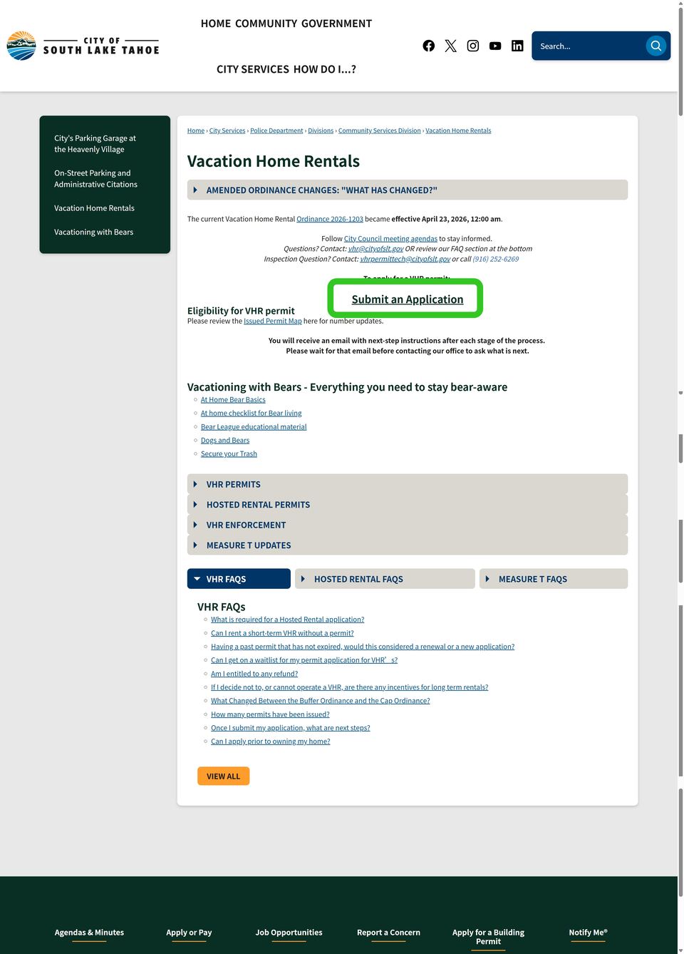 South Lake Tahoe official application portal screenshot for workflow step 1