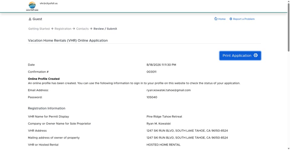 South Lake Tahoe official application portal screenshot for workflow step 4