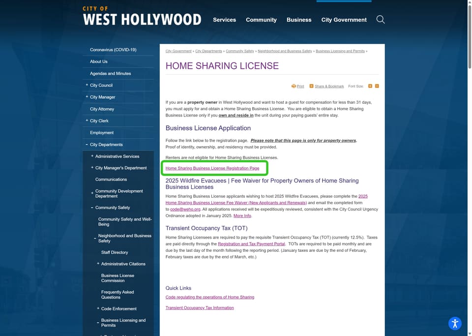 West Hollywood official application portal screenshot for workflow step 1