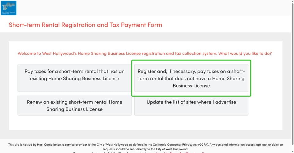 West Hollywood official application portal screenshot for workflow step 1