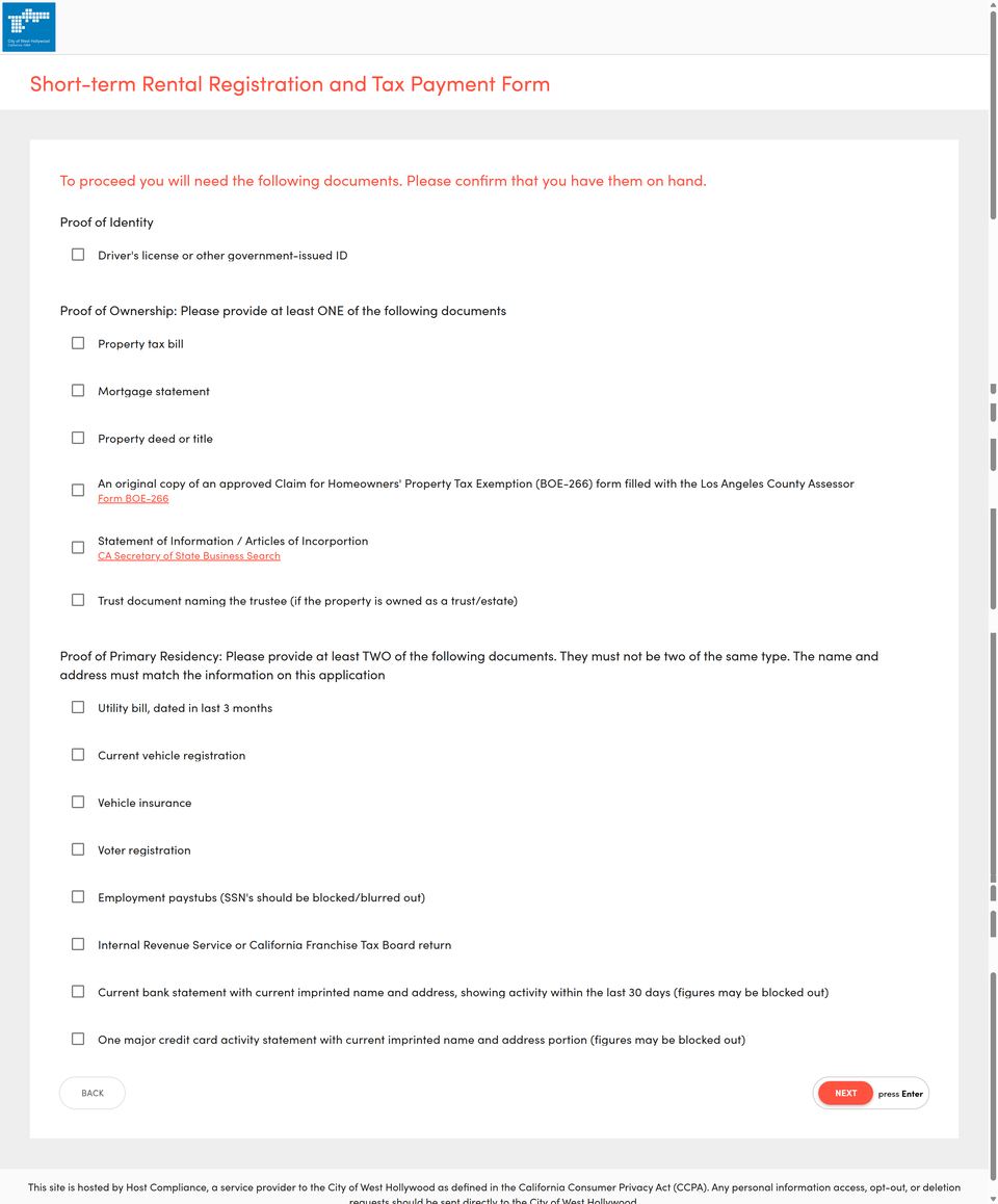 West Hollywood official application portal screenshot for workflow step 2