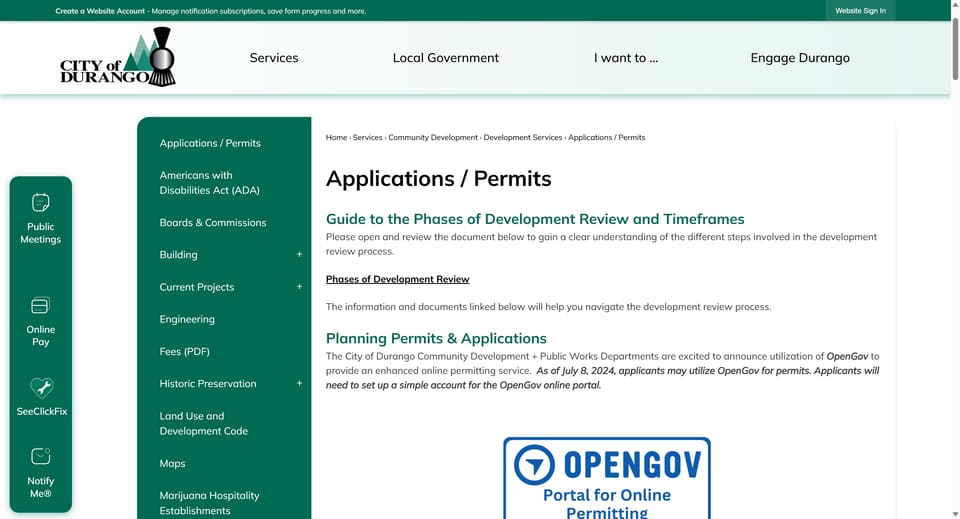 Durango official application portal screenshot for workflow step 1