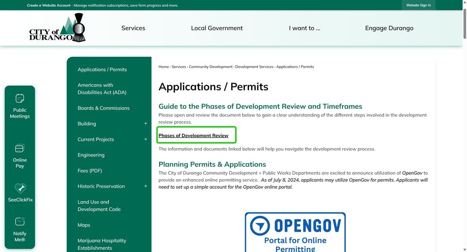 Durango official application portal screenshot for workflow step 1