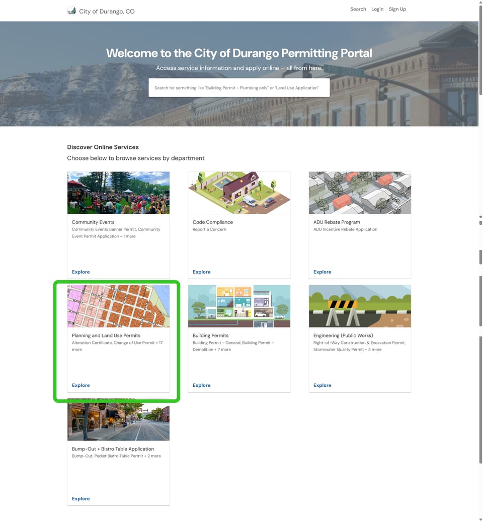 Durango official application portal screenshot for workflow step 1