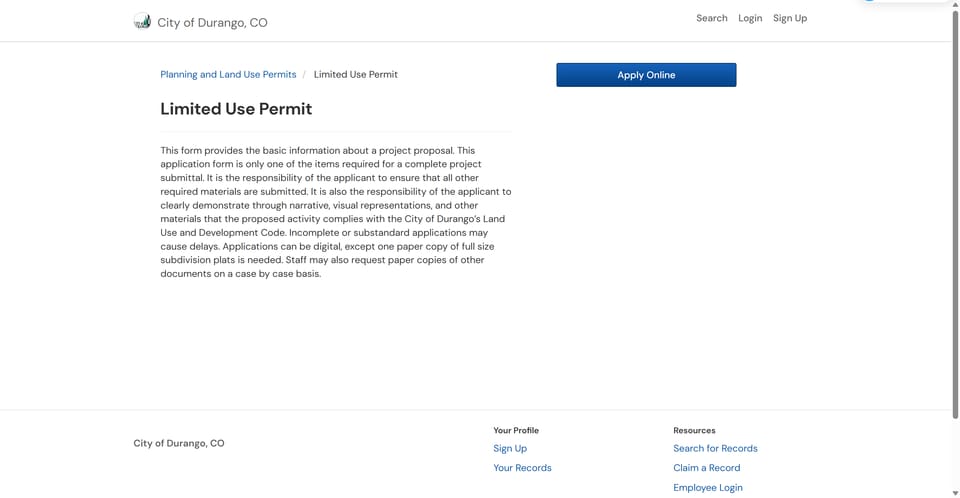 Durango official application portal screenshot for workflow step 1