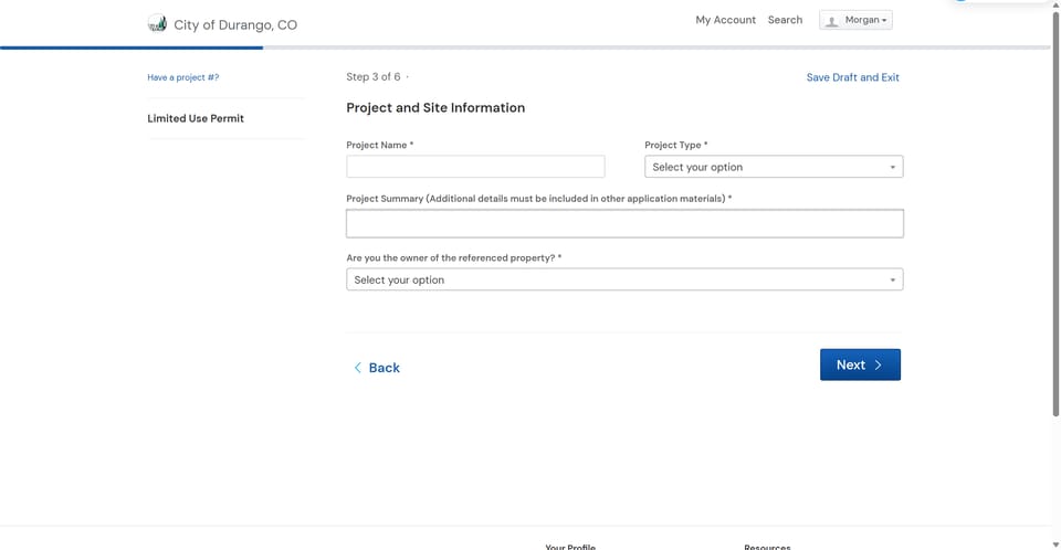 Durango official application portal screenshot for workflow step 2
