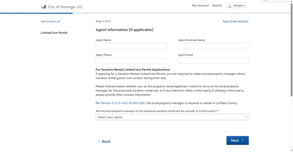 Durango official application portal screenshot for workflow step 2