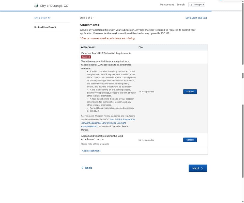 Durango official application portal screenshot for workflow step 3