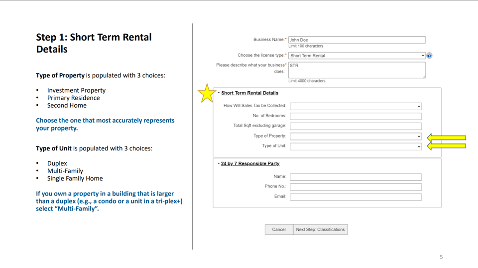 Steamboat Springs official application portal screenshot for workflow step 1