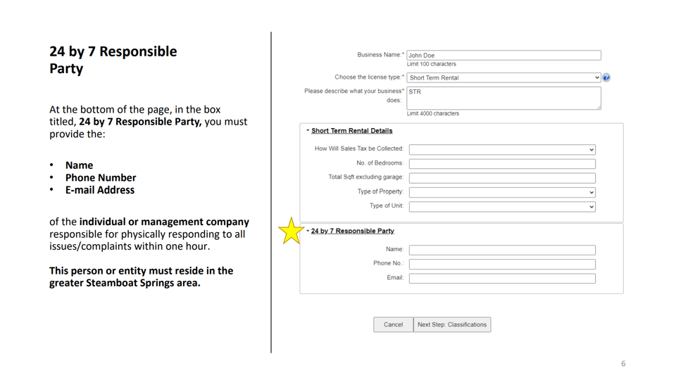 Steamboat Springs official application portal screenshot for workflow step 1