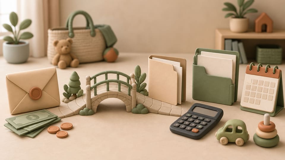 Soft 3D clay illustration of a cash envelope, childcare tote, blank employment folders, a bridge, a calendar and a calculator