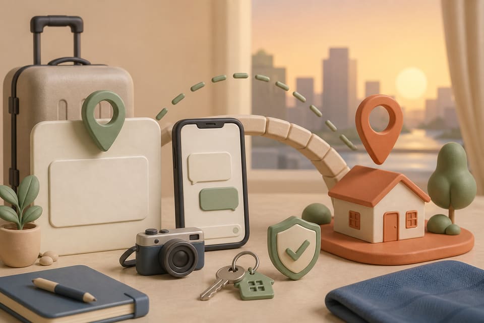 Soft 3D clay illustration of a suitcase, two separate location pins, a blank booking card, a phone, a camera, a key and a safety shield