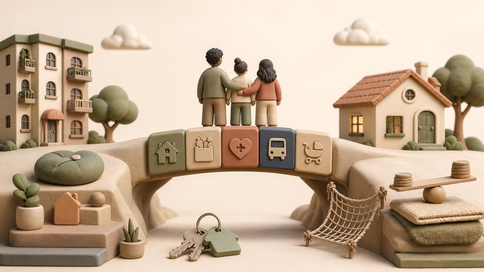Soft 3D illustration of a household budget bridge connecting housing, groceries, healthcare, transportation, shared keys and a small financial cushion
