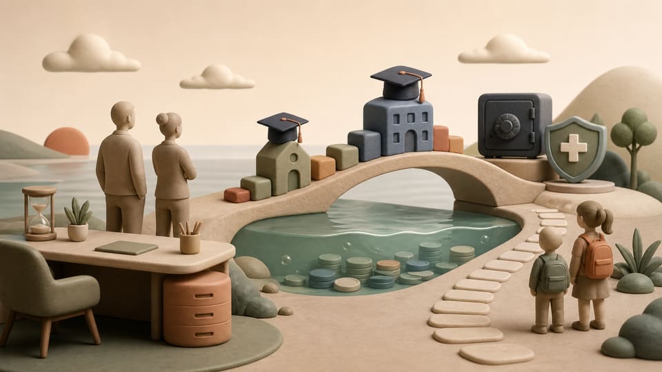 Soft 3D clay illustration of a retirement bridge crossing an education spending timeline with liquid assets, a locked retirement account and a healthcare shield