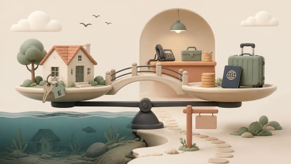 Soft 3D illustration of a U.S. home balanced against a suitcase, remote property management desk, rental cash flow and a sale path