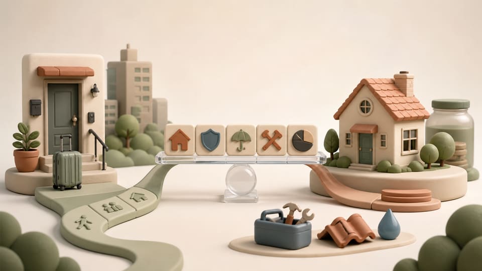 Soft 3D illustration comparing a flexible apartment path with a house, homeownership costs, maintenance tools and a retirement savings jar