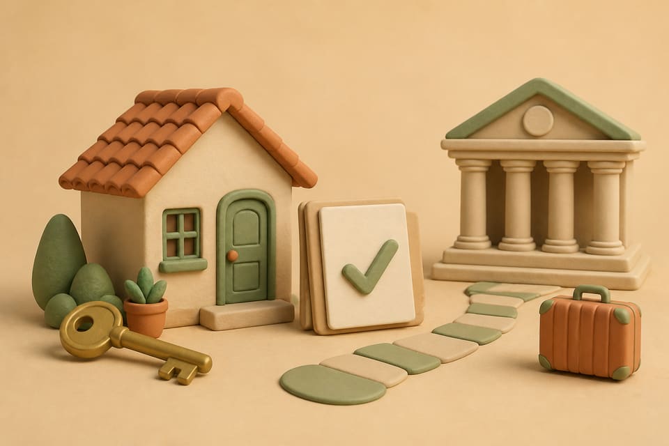 Soft 3D clay illustration of a rental house, lease folder, courthouse and suitcase connected by an orderly path