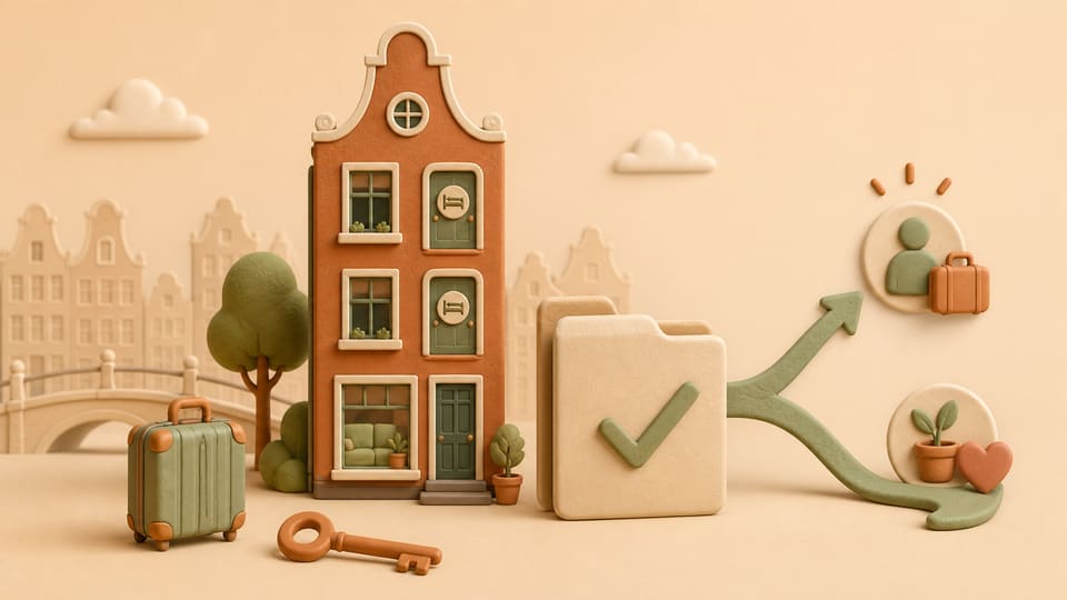 Soft 3D clay illustration of an Amsterdam-style townhouse, guest-room cues, a budget folder and a flexible branching path