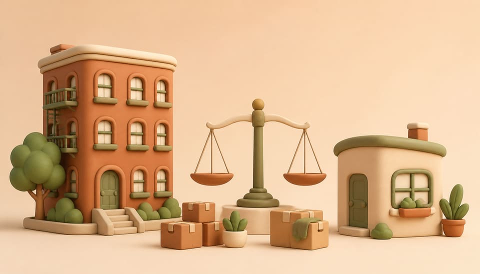 Clay-style illustration comparing a larger apartment, a smaller studio, moving boxes and a balance scale