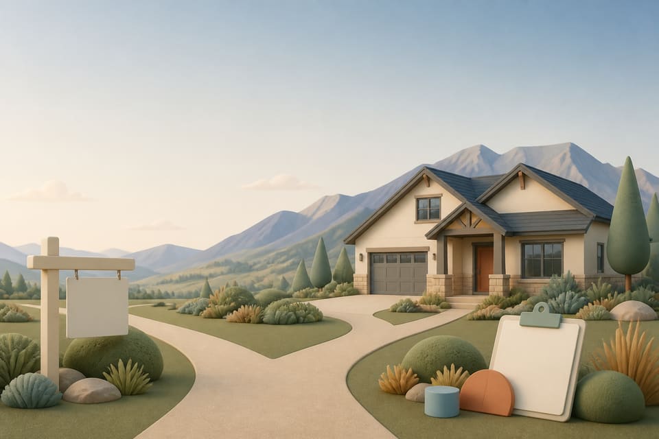 Stylized Colorado foothill home beside a forked path, blank sale sign and decision clipboard