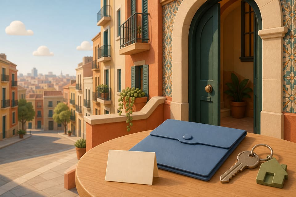 Stylized Barcelona apartment entrance with keys, blank address card and registration folder