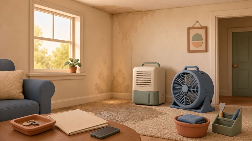 Stylized rental room with water-damaged wall, dehumidifier, fan, keys and incident folder