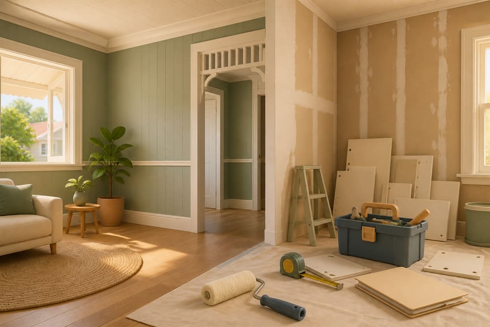 Stylized Queenslander-style interior with finished and unfinished rooms, paint roller and renovation tools